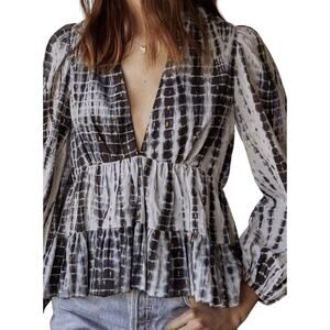 Saylor Womens‎ Uma Top Blouse Large Boho Lurex Tie Dye Tiered Deep V Black Gold